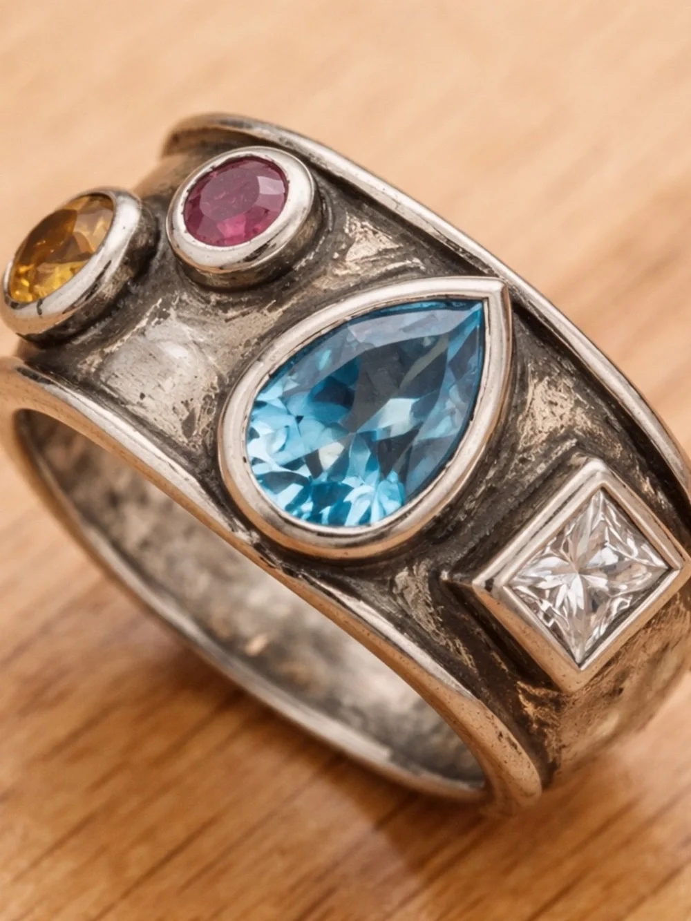Source Unknown Silver Ring with Blue Teardrop and Multi-Colored Accent Stones - Picture 2 of 2